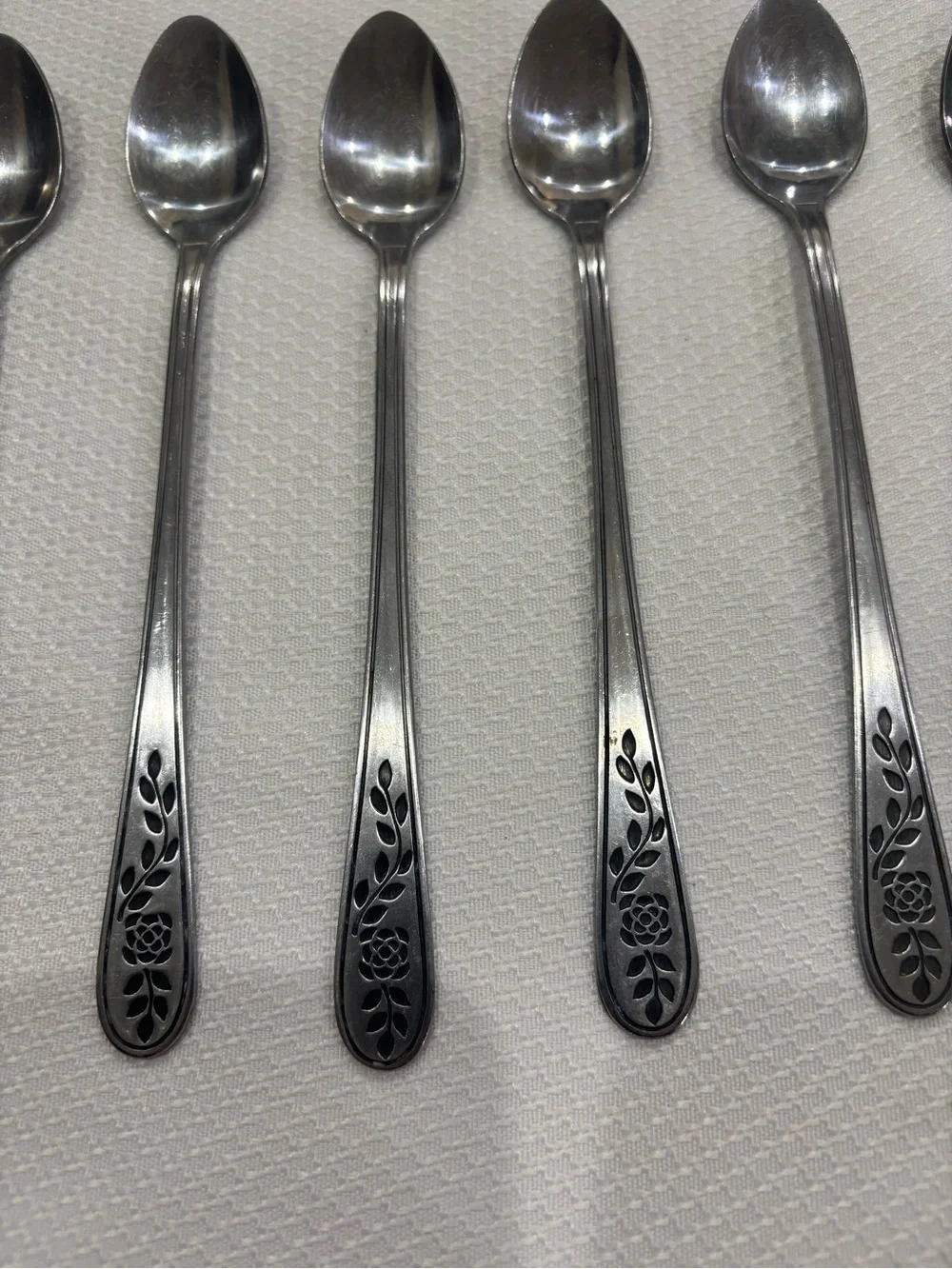 Vintage Rogers Floral Mist Iced Tea Spoons Set 6 MCM Bar Beverage Stirrers